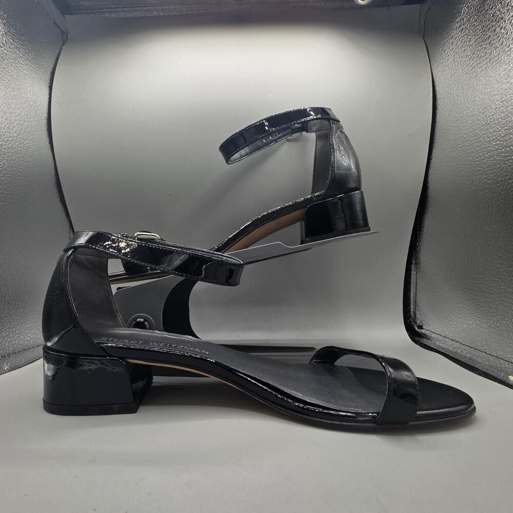 Stuart Weitzman Nudistjune Black Patent Leather Low Block Heel Sandals Size 9.5 - Picture 5 of 9